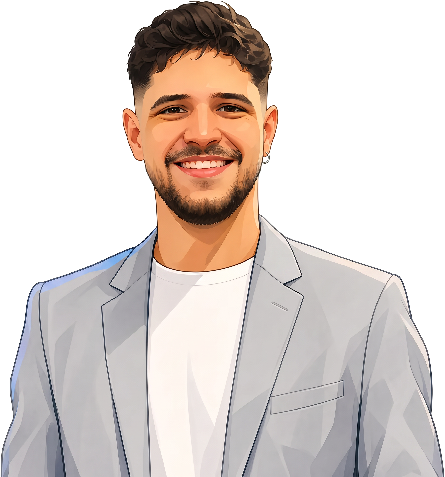 Ilustração de Matheus Carvalho sorrindo, em pose profissional de apresentação